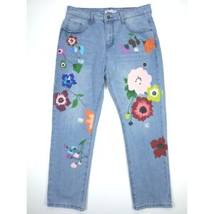 MISSLOOK Floral Painted Distressed Straight Leg Jeans High Rise Blue Denim XL 34